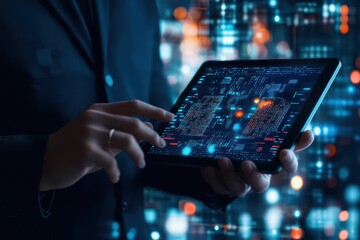 Fototapete - A person engaged with a tablet showcasing an innovative digital interface illustrating advanced technology and modern lifestyle in a vibrant setting