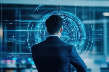 Poster - Businessman in Tailored Suit Engaging with Advanced Futuristic Technology Display Emphasizing Innovation and Professionalism in Modern Workspace