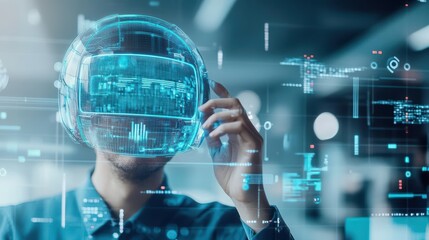Poster - A focused man in a vibrant blue shirt engaging with a futuristic virtual reality device in a modern setting filled with technology and innovation
