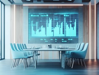 Poster - Modern Conference Room with Large Screen Displaying Informative Graphs and Data Visualizations Promoting Collaboration and Strategic Discussions Among Teams