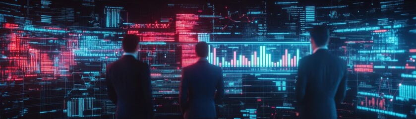Poster - Two Individuals Engaged in Conversation Illuminated by Vibrant Red and Blue Digital Light Display Creating a Dynamic and Modern Urban Atmosphere