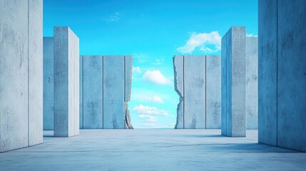 Poster - A Solitary Concrete Wall Standing Firmly Against the Bright Blue Sky with Fluffy White Clouds Creating a Stark Urban Contrast in Modern Architecture