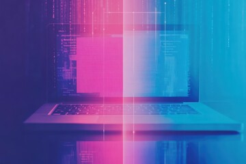 Poster - Vibrant Laptop Displaying Vivid Colors Against Artistic Background Creating a Dynamic and Modern Workspace Atmosphere for Creative Productivity
