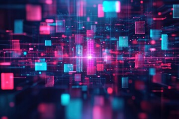 Poster - Futuristic Abstract Background Featuring Dynamic Pink and Blue Squares Creating a Vibrant Colorful Scene Evoking Modernity and Creative Energy