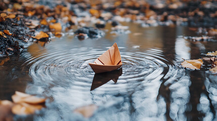 Wall Mural - 

Paper Boat Floating on a Rainwater Puddle with Gentle Waves