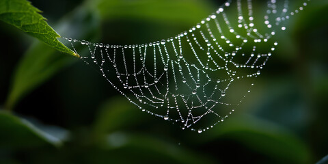 Wall Mural - 

Fresh Raindrops Gliding on a Delicate Spiderweb in Morning Light