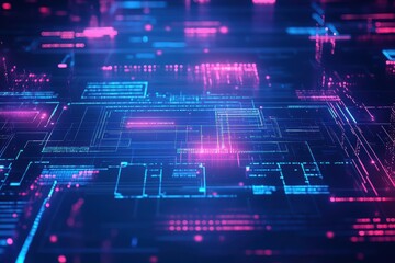 Poster - Futuristic Computer Circuit Board Illuminated with Glowing Blue and Pink Lights Creating a High-Tech Atmosphere of Innovation and Digital Energy