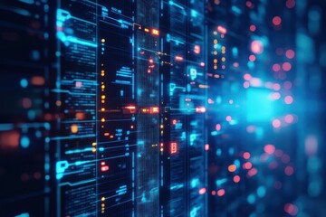 Poster - Futuristic Computer Screen Illuminated with Vibrant Blue and Red Lights Creating a Dynamic and Engaging Digital Atmosphere for Technology Enthusiasts