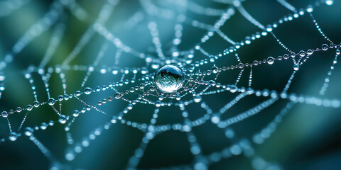 Wall Mural - 

Raindrops Gliding Across a Delicate Spiderweb in Morning Light