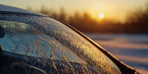 Wall Mural - 

Frosty Car Windshield Glowing in Morning Light