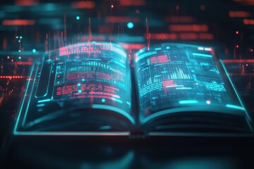 Poster - An Enigmatic Book Emitting Radiant Red and Blue Light in a Darkened Room Creating a Mysterious Atmosphere Inviting Curiosity and Imagination