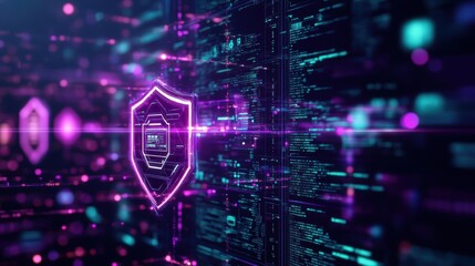 Poster - Futuristic Cyber Shield with Vibrant Glowing Neon Lights Creating a Dynamic and High-Tech Atmosphere in a Sci-Fi Inspired Digital Environment