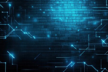 Poster - Illuminated Brick Wall with Electric Blue Lighting Casting a Modern and Edgy Atmosphere Ideal for Urban Photography and Artistic Backgrounds
