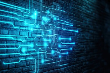 Poster - Illuminated Brick Wall with Vibrant Glowing Blue Lines Creating a Modern Urban Atmosphere Perfect for Abstract Art and Contemporary Design Concepts