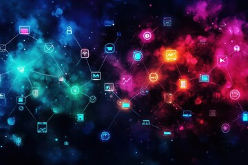 Poster - Vibrant Colorful Background Featuring Various Icons and Symbols Creating a Dynamic Visual Experience Representing Creativity and Modern Technology Aesthetic