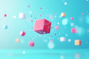 Poster - Intricate Cube Structure Surrounded by a Complex Network of Dots Representing Connectivity and Modern Technology in an Abstract Artistic Composition