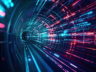 Poster - Vibrant Abstract Tunnel with Colorful Neon Lights and Dynamic Lines Creating a Sense of Movement and Energy in a Futuristic Urban Environment