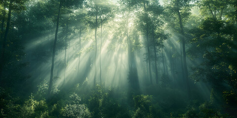 Wall Mural - 

Enchanting Sunlit Misty Forest Landscape