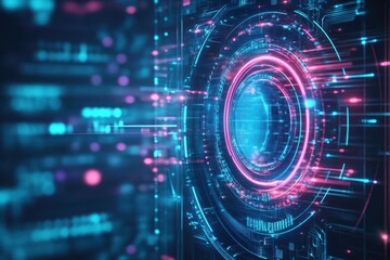 Poster - Futuristic Camera Design Showcased Against Vibrant Blue and Pink Background Highlighting Modern Aesthetics and Innovative Technology in Photography Art