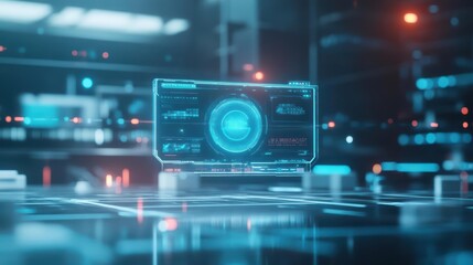 Fototapete - Futuristic Computer Screen Illuminated by Glowing Blue Light in a Modern Workspace Creating an Innovative and High-Tech Atmosphere for Productivity