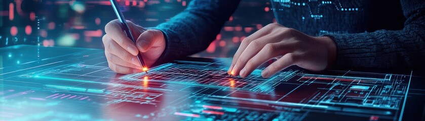 Fototapete - Individual Engaged in Interactive Digital Interface on Modern Computer Displaying High Technology and User Friendly Design for Productive Tasks