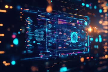 Fototapete - Futuristic Computer Screen Displaying Advanced User Interface with Vibrant Graphics and Interactive Elements in a High-Tech Digital Environment