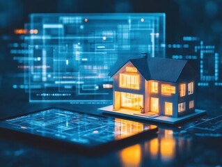 Poster - Conceptual Visualization of Modern Architecture with a House on a Digital Tablet Surrounded by Detailed Blueprints Highlighting Innovative Design Ideas