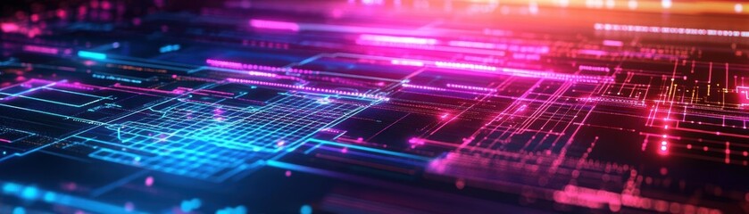 Poster - Vibrant Computer Circuit Board Illuminated by Bright Blue and Pink Light in a Futuristic Technology Setting Evoking Innovation and Modern Design Aesthetic