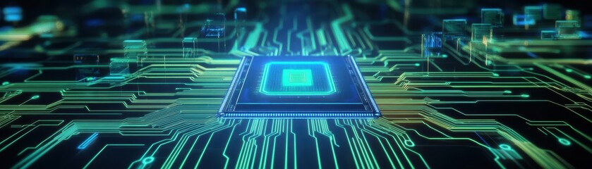 Fototapete - Illuminated Computer Chip with Green Glow on Intricate Circuit Board Showcasing Technology Innovation and Modern Digital Connectivity in Cyber Environment