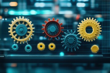 Poster - Intricate Close-Up of Interlocking Gears on a Computer Screen Illustrating Mechanisms of Technology and Engineering in a Modern Digital Workspace Setting