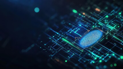 Fototapete - A Closeup of a Unique Fingerprint on a Circuit Board Illuminated by a Soft Green Light Symbolizing Technology Security and Identity Protection