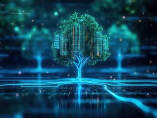 Poster - Enchanting Tree with Radiant Green Glow Illuminating Surrounding Nature Creating a Mystical and Ethereal Atmosphere in a Dreamlike Forest Setting