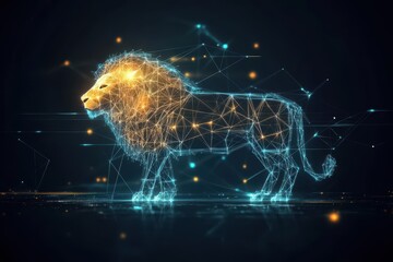 Poster - majestic lion surrounded by intricate network of lines and dots symbolizing strength and connectivit