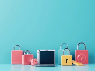 Poster - A modern workspace featuring a sleek laptop smartphone and padlocks symbolizing security on a vibrant blue background evoking technology and protection