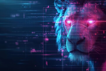 Aufkleber - Majestic Lion's Head Surrounded by Futuristic Digital Interface Elements Creating a Unique Blend of Nature and Technology in a Striking Visual Composition