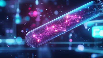 Poster - Captivating Glass Tube Featuring Intricate Pink and Blue Network Design Illuminated by Soft Light Showcasing Modern Artistry and Creative Innovation