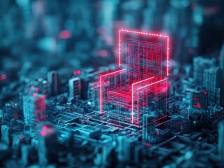 Poster - Vibrant Red Neon Cube Illuminating a Bustling Urban Landscape at Night Creating a Futuristic and Dynamic Atmosphere in a Modern City Setting