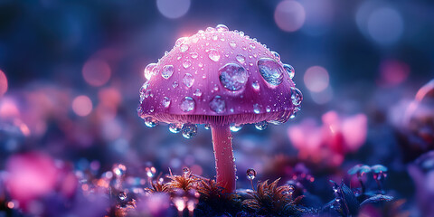 Wall Mural - 

Glistening Dew on a Forest Mushroom in Soft Light