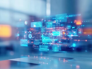 Fototapete - Modern Computer Screen Displaying Interactive Digital Interface with Colorful Graphics and Data Visualizations in a Contemporary Workspace Environment