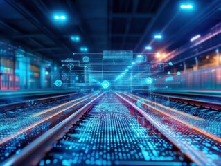 Poster - Vibrant Train Track Illuminated by Striking Blue and Red Light Creating a Dynamic Urban Atmosphere at Dusk Reflecting a Journey's Excitement