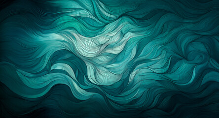 Poster - Abstract background with flowing teal and turquoise waves creating a dynamic and swirling motion. The smooth texture evokes a sense of depth and artistic fluidity.