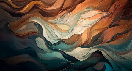 Poster - Swirling abstract background with flowing, wavy lines in warm earth tones of brown, beige, and orange, contrasting with cool blues and greens creating a fluid, organic feel.
