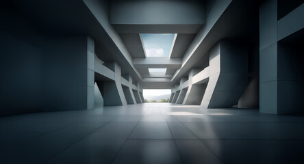 Aufkleber - Abstract background of a modern architectural space with strong lines and beams. Light fills the open area, creating a sense of vastness.