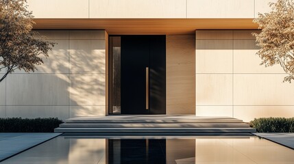 Fototapete - Front door with a black door and two planters. Modern black entrance. A simple door to a luxury house. A black door accompanied by two planters at the front lifestyle.