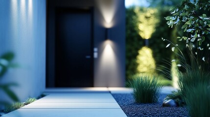 Fototapete - Front door with a black door and two planters. Modern black entrance. A simple door to a luxury house. A black door accompanied by two planters lifestyle at the front.