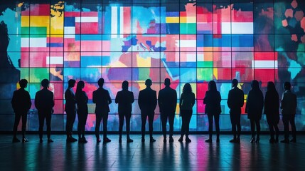 Poster - Silhouettes of Diverse Individuals Engaged in Thoughtful Discussion Against a Large World Map Screen Creating a Collaborative Global Atmosphere