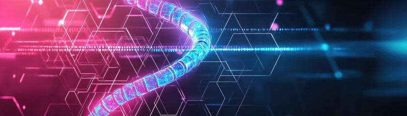 Poster - Intricate DNA Helix Structure Displayed on a Vibrant Blue and Pink Background Symbolizing Life and Science in an Artistic and Creative Presentation