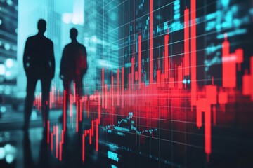 Poster - Two Individuals Engaged in Discussion While Walking Alongside Vibrant Red and Blue Stock Chart Illustrating Market Trends and Economic Insights