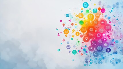 Poster - Vibrant Colorful Watercolor Background Featuring Playful Icons in a Harmonious Blend of Hues Creating an Artistic and Cheerful Atmosphere for Creativity