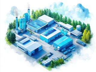 Poster - Vibrant Watercolor Depicting Industrial Factory Surrounded by Solar Panels Emphasizing Sustainability and Modern Energy Solutions in Urban Setting